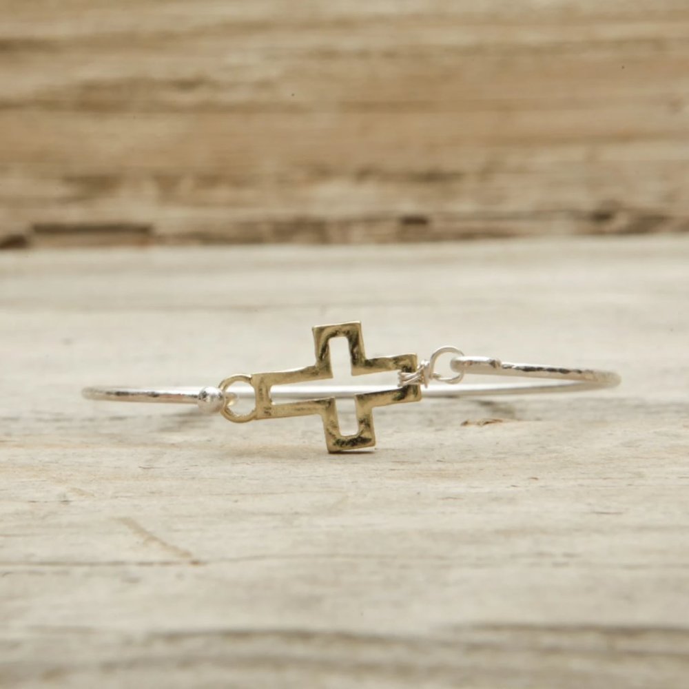 Sideway Silver and Goldtone Open Cross Bracelet